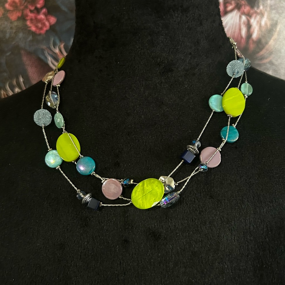 Colorful Plastic Beaded Gem Necklace with Silver Tone Chain